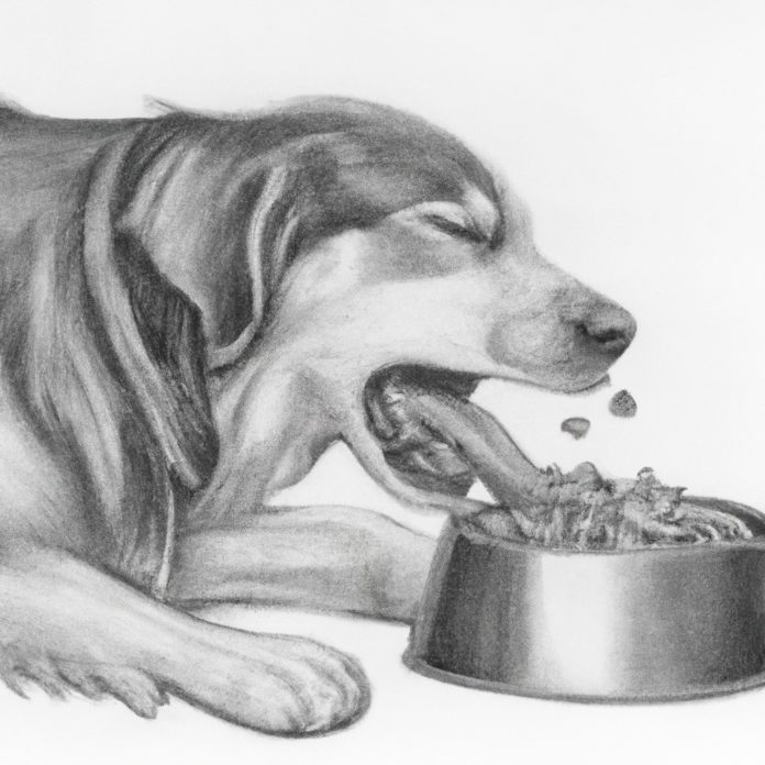Dog happily eating a bowl of Royal Canin dog food.