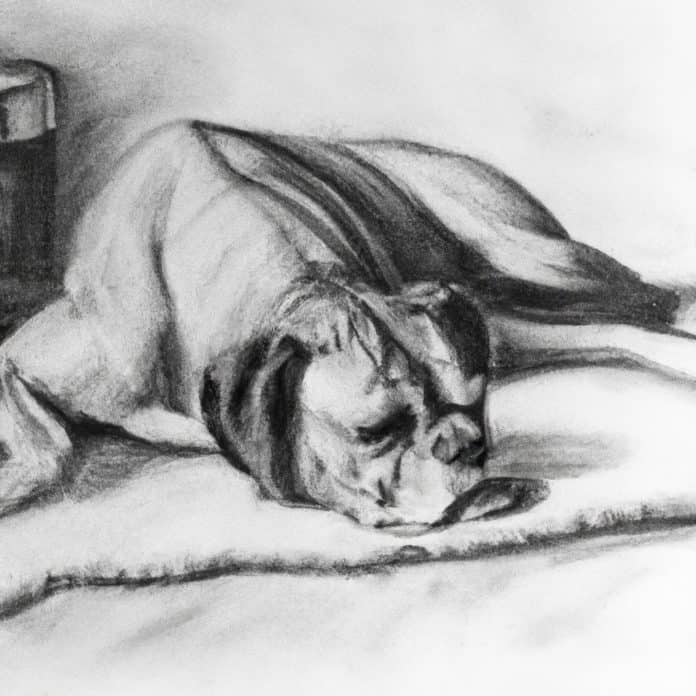 An elderly Boxer lying peacefully on a rug.