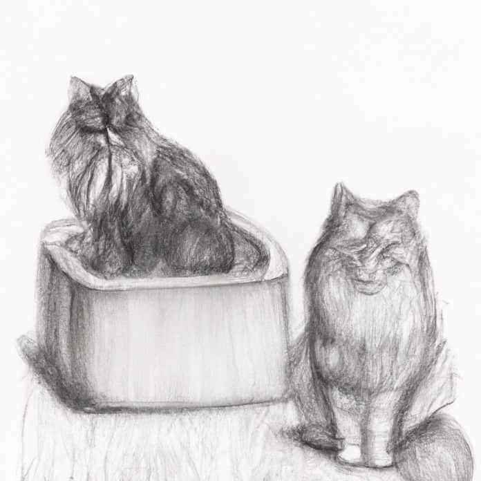 Two long-haired cats sitting near a clean litter box.