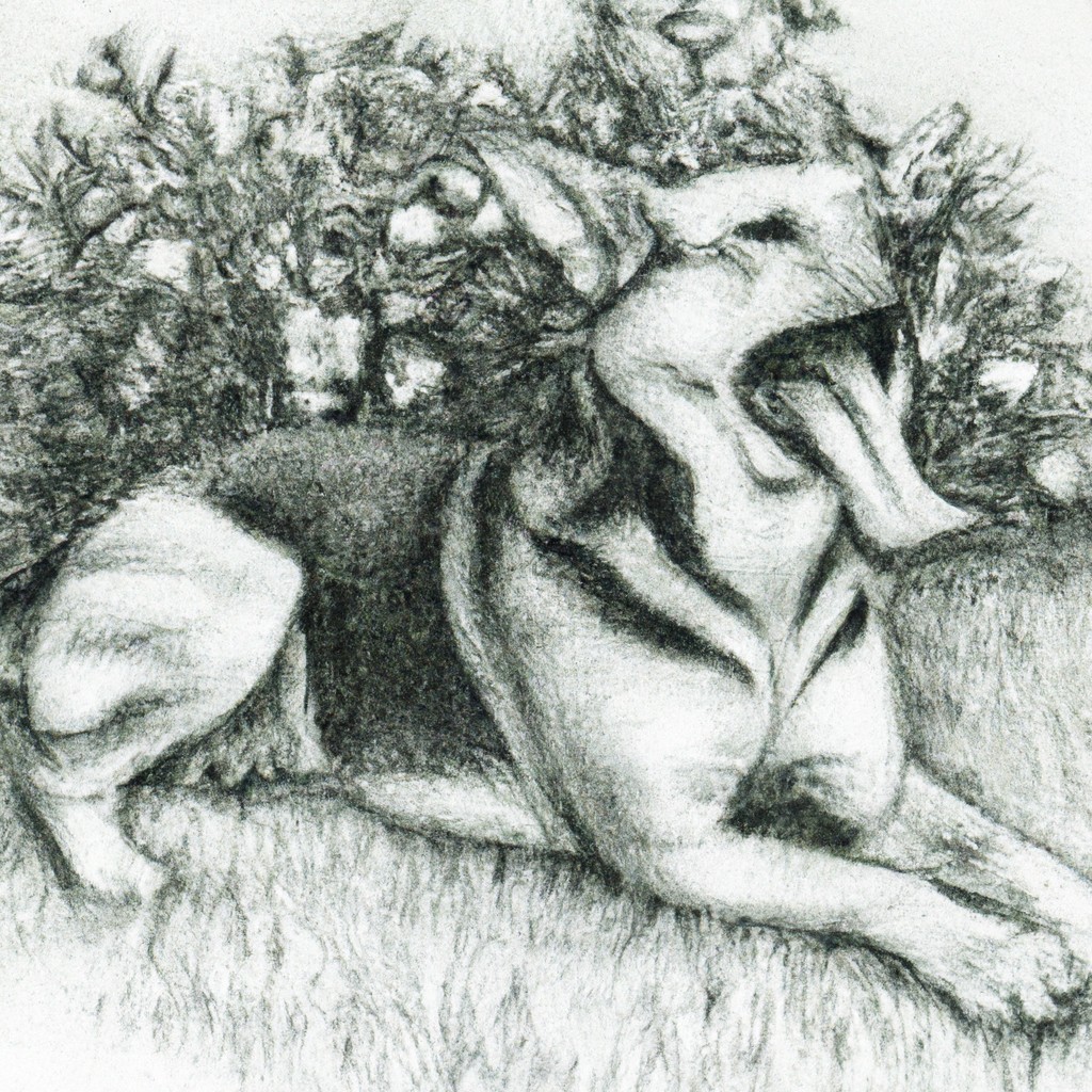 Dog panting while relaxing in a garden.