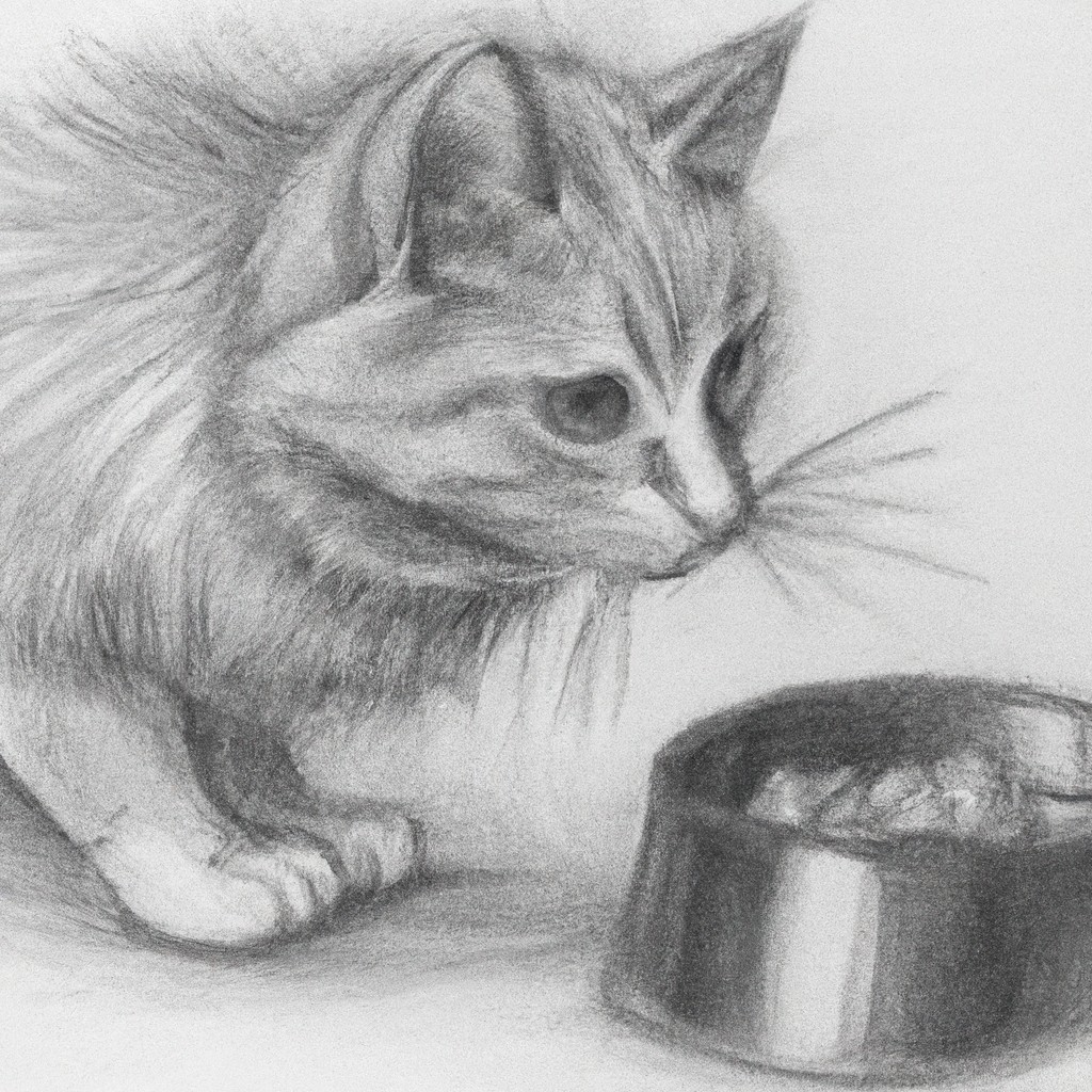 Cat looking at a food bowl with a curious expression.