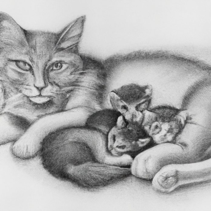 Mother cat nursing her kittens.