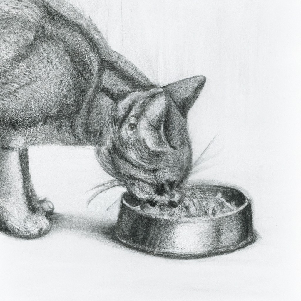 A thin cat eagerly eating from a food bowl.