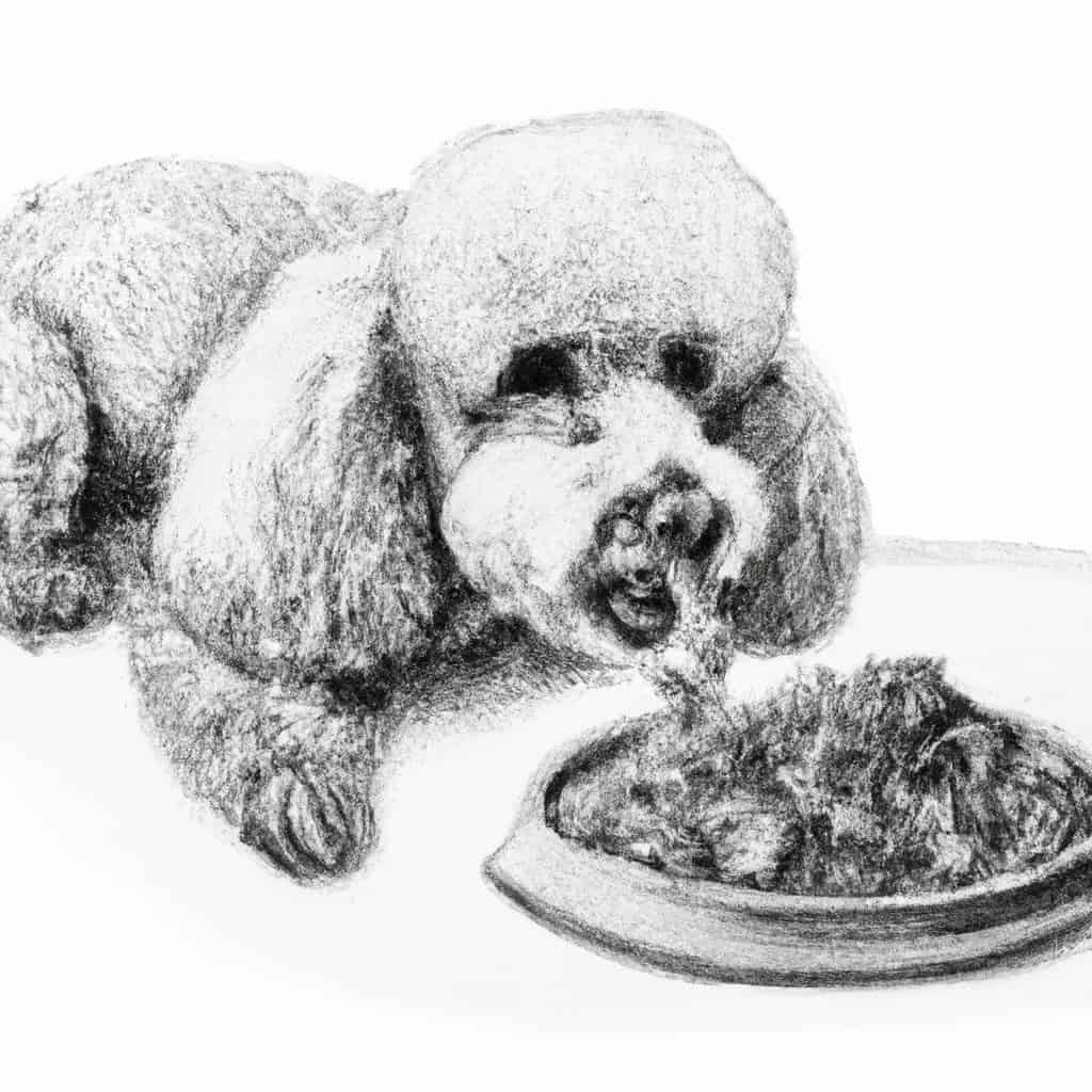 An elderly Toy Poodle eagerly eating its food.