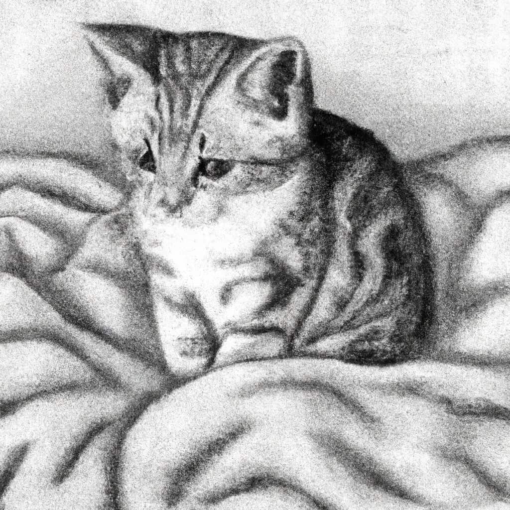 A worried kitten sitting on a soft blanket.