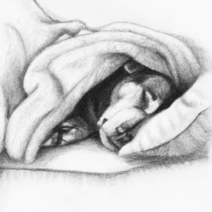 Dog resting under a cozy blanket.
