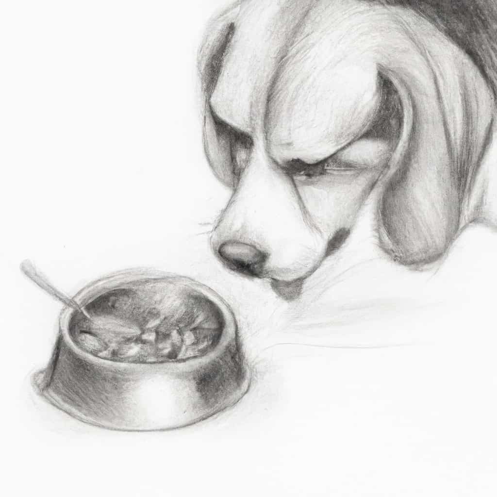 Dog scrutinizing a bowl of food.