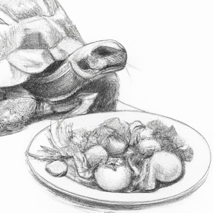 Tortoise looking at a plate of vegetables.