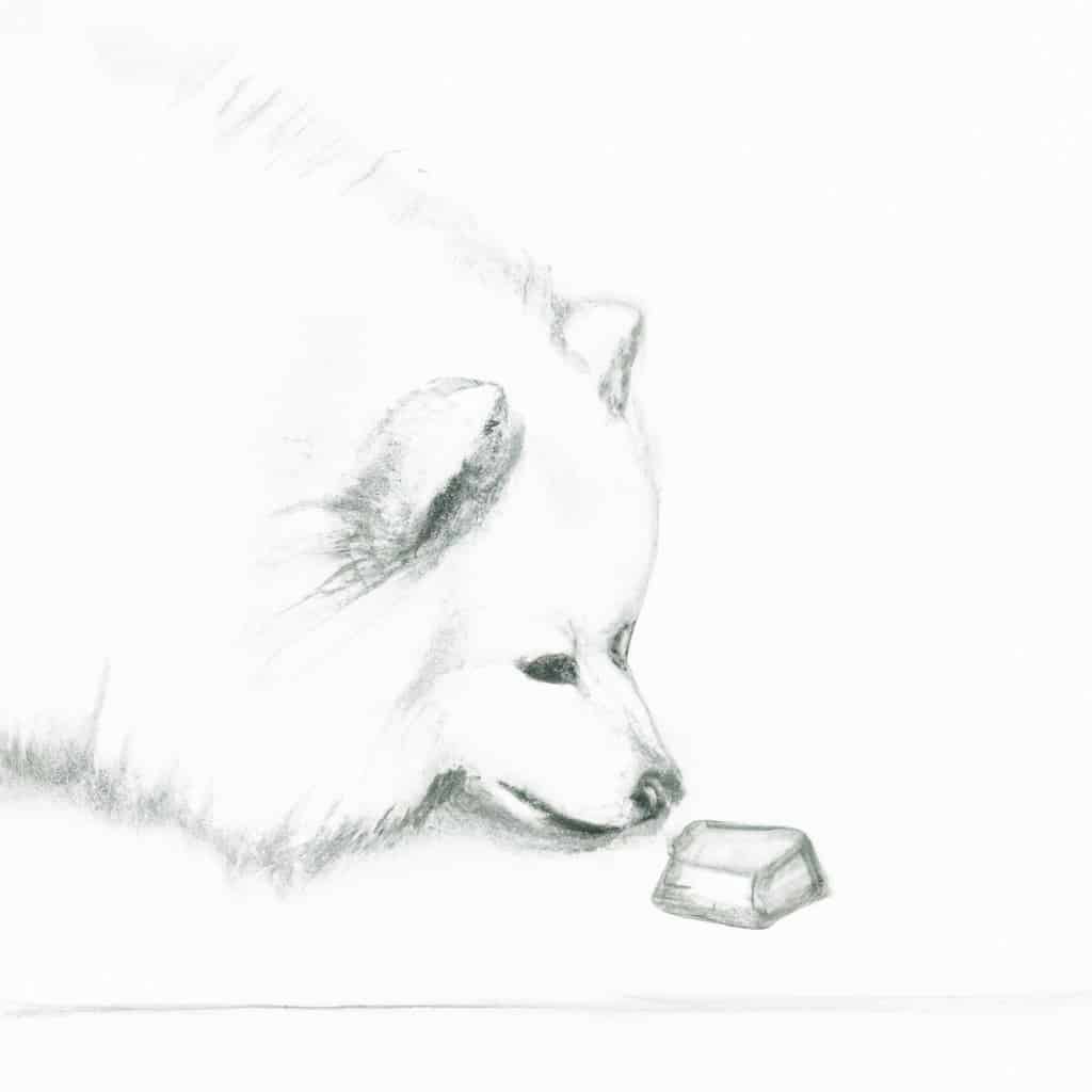 Japanese Spitz curiously sniffing a sugar cube on the floor.