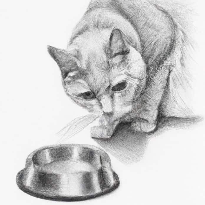 A concerned cat examining an empty pet food bowl.