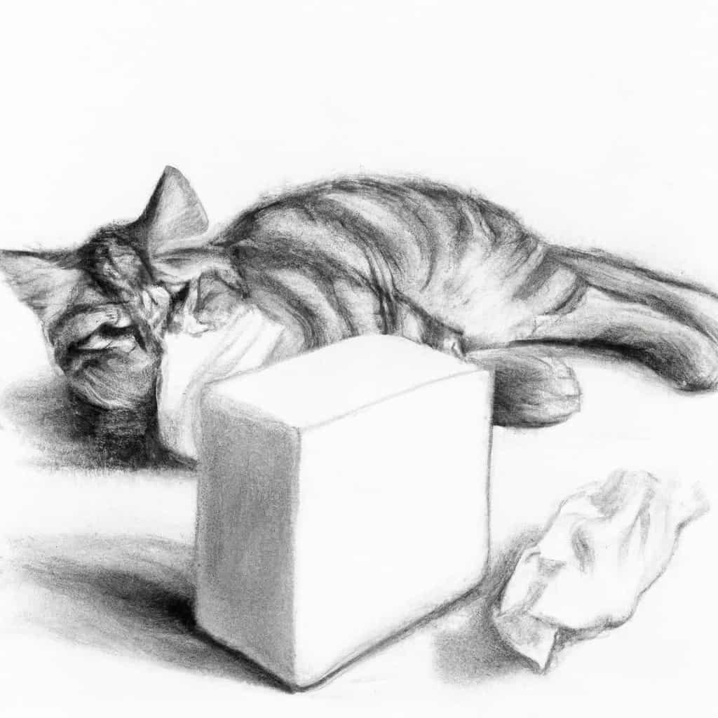 Kitten resting with a tissue box nearby.
