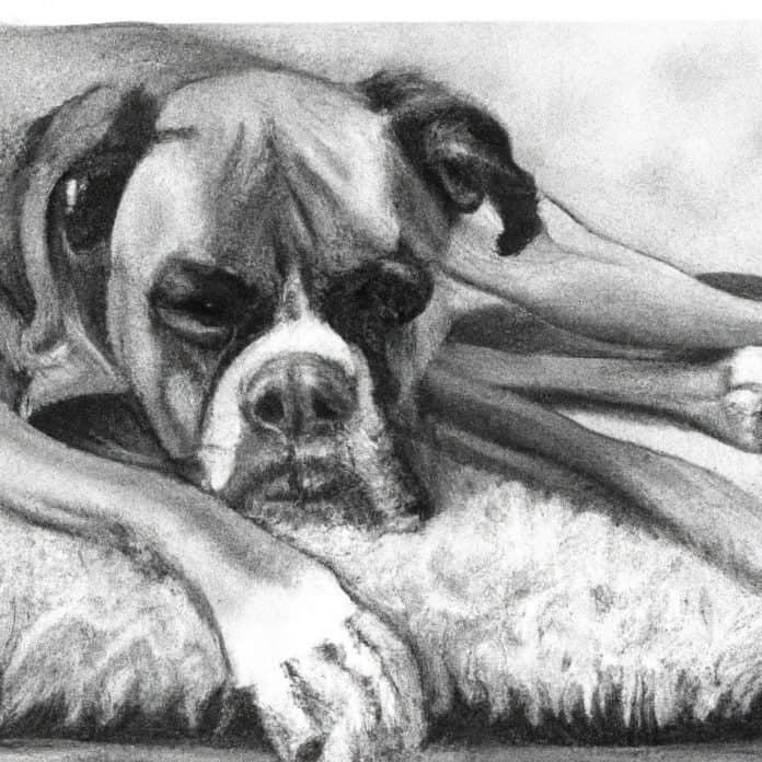 Senior Boxer dog lying serenely on a fluffy rug.