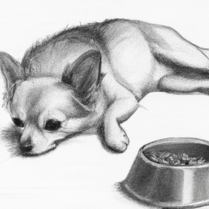 A concerned Chihuahua resting beside its food bowl.