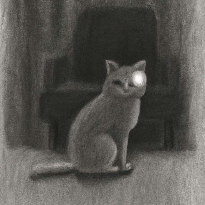 one-eyed cat sitting in a dimly lit room.