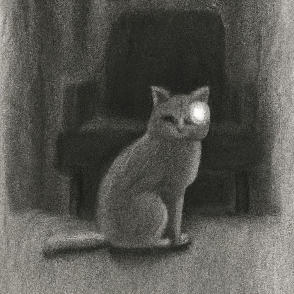one-eyed cat sitting in a dimly lit room.