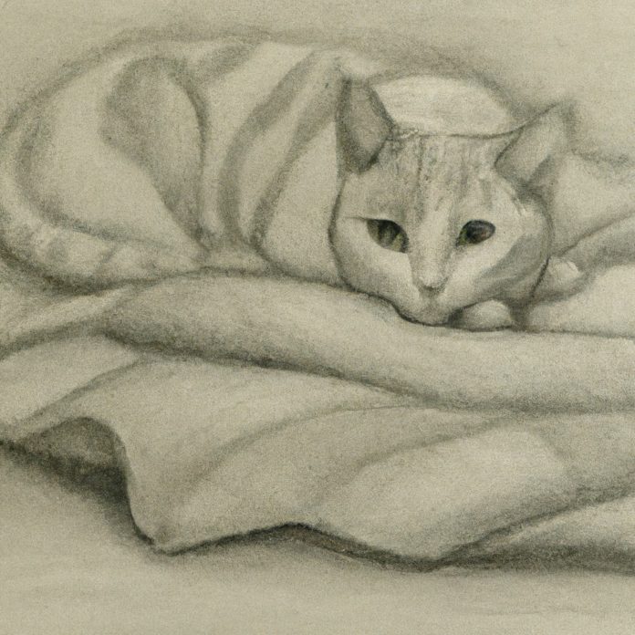 concerned cat resting on a cozy blanket