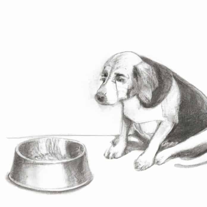 Worried dog sitting beside a food bowl.