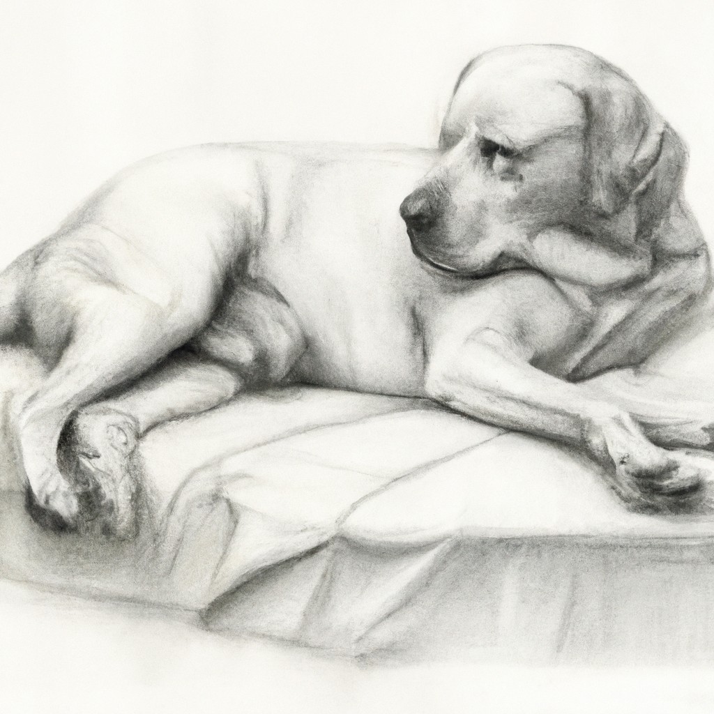 Labrador Retriever resting on a comfortable surface with a bandaged leg.