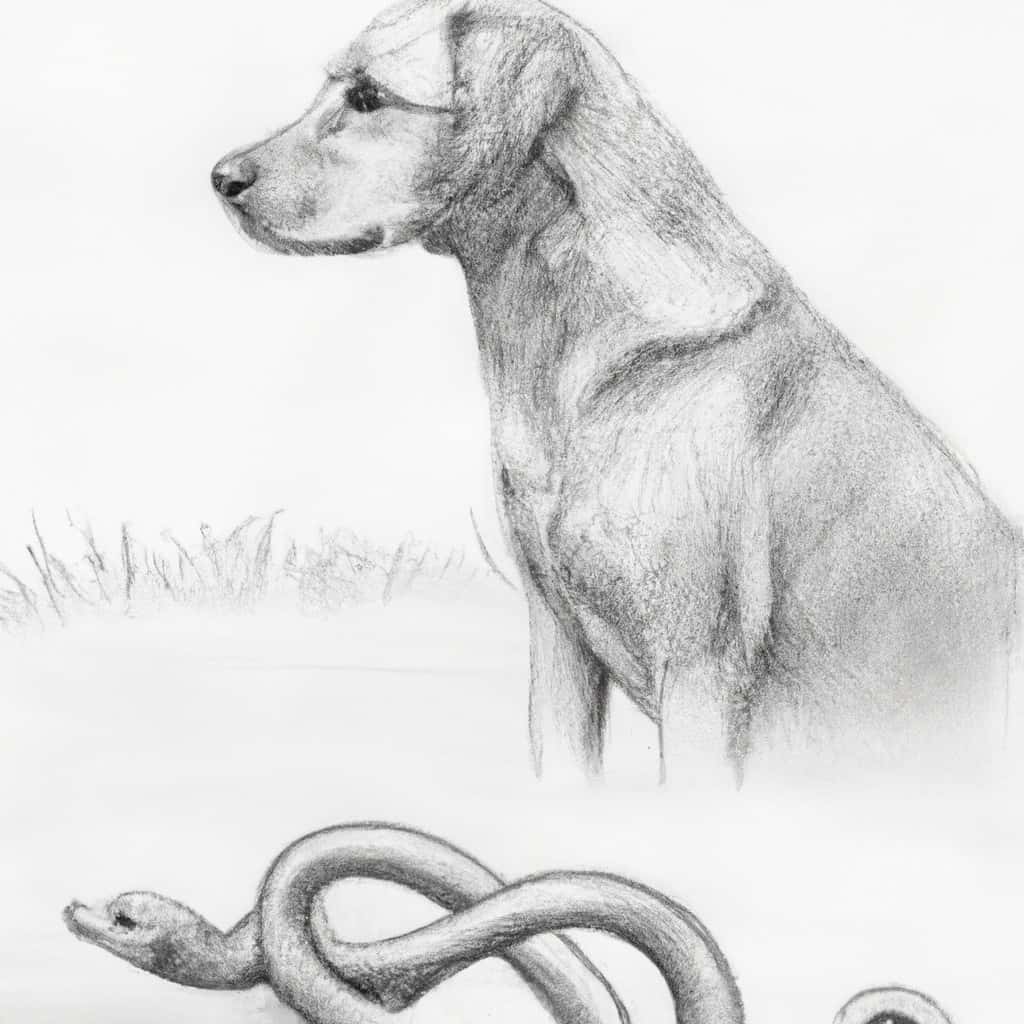 dog cautiously observing a snake from a distance