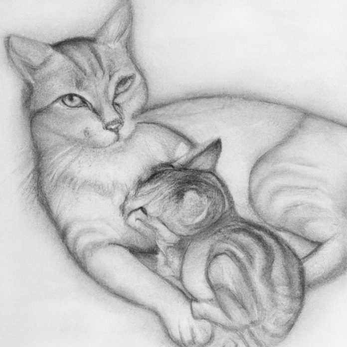Kitten and mother cat bonding peacefully
