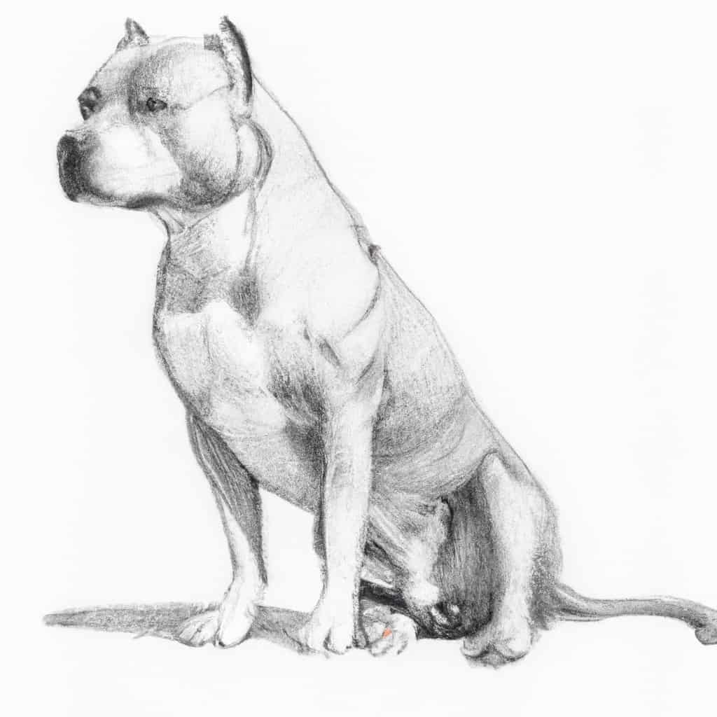 Pitbull sitting with its back legs slightly spread apart.