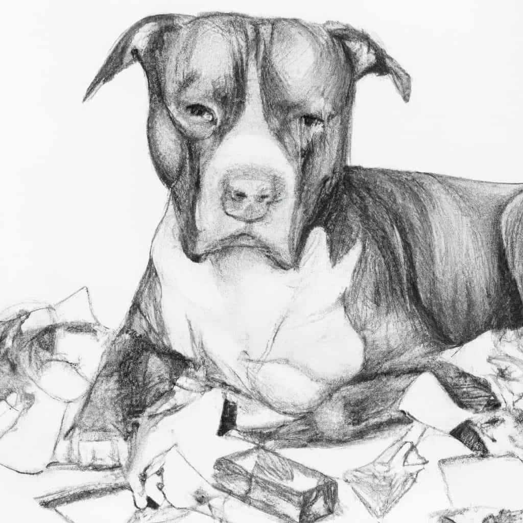 Pitbull looking guilty near scattered chocolate wrappers.