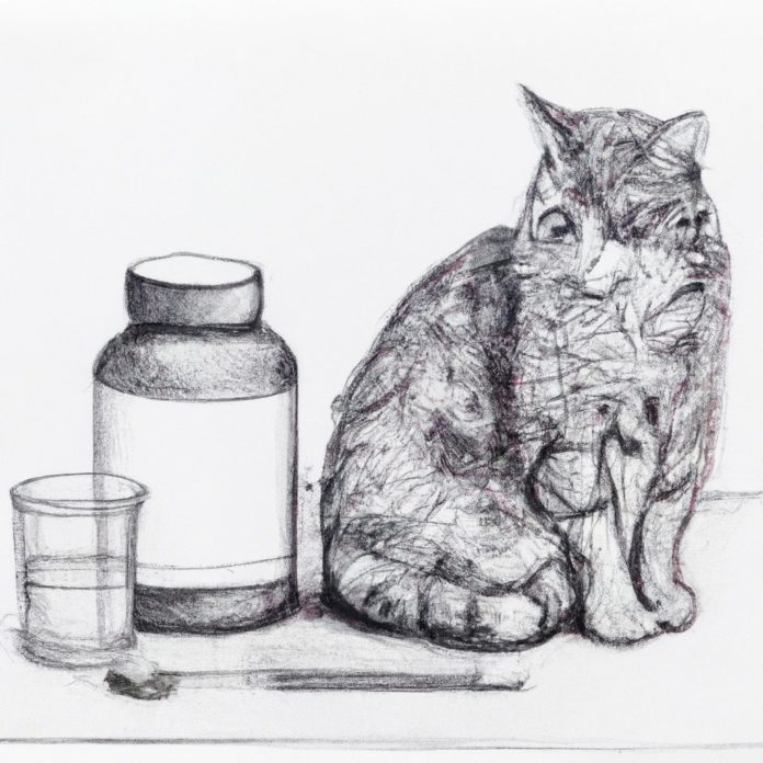 cat sitting near a measuring cup and medication bottle.