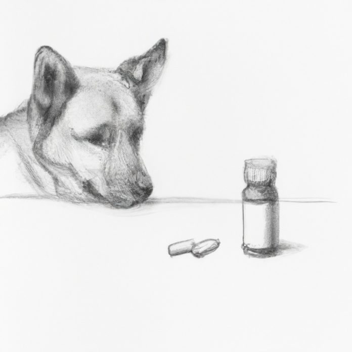 Dog looking at a medication bottle and deworming tablet.