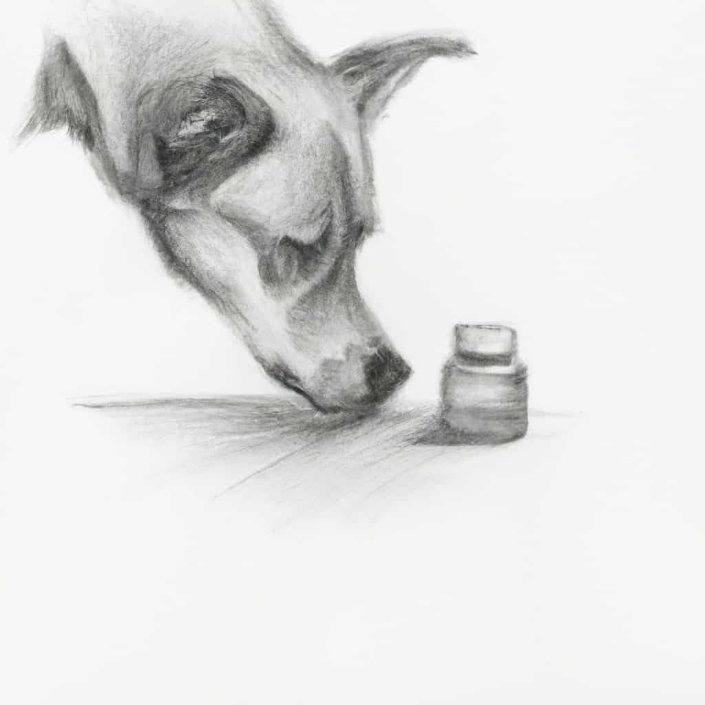 A curious dog sniffing a medicine bottle.