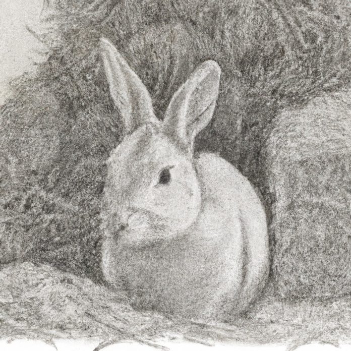 rabbit next to a pile of timothy hay