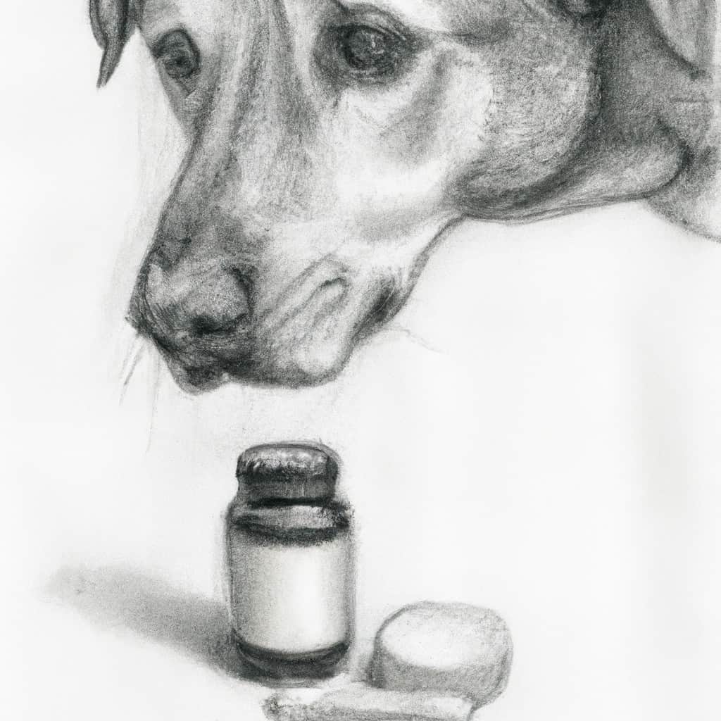Dog peering curiously at a small medicine bottle.