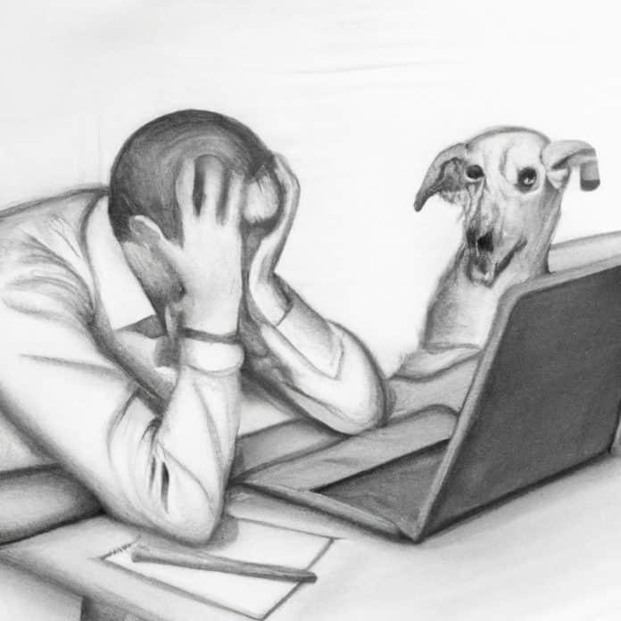 worried dog owner researching on a laptop