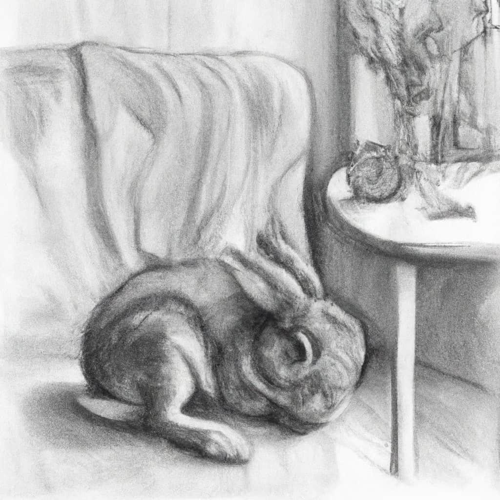 A distressed rabbit in a cozy indoor setting.