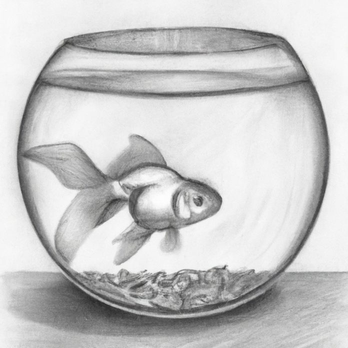 A goldfish swimming in a fishbowl.