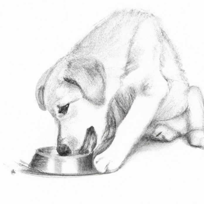 Thin puppy happily eating from a food bowl.