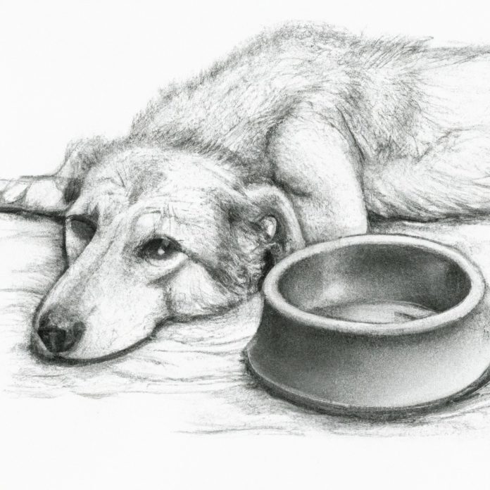 A concerned dog resting near a water bowl