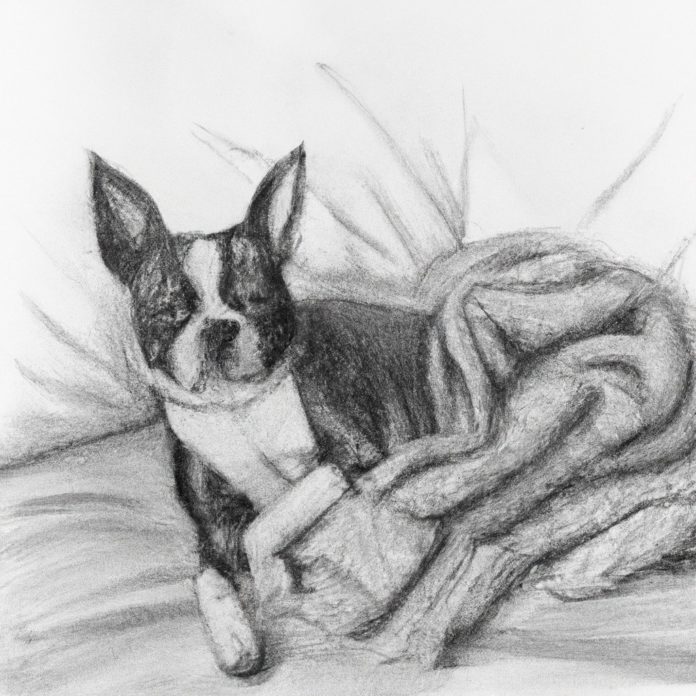 A concerned Boston Terrier x Chihuahua resting on a cozy blanket.