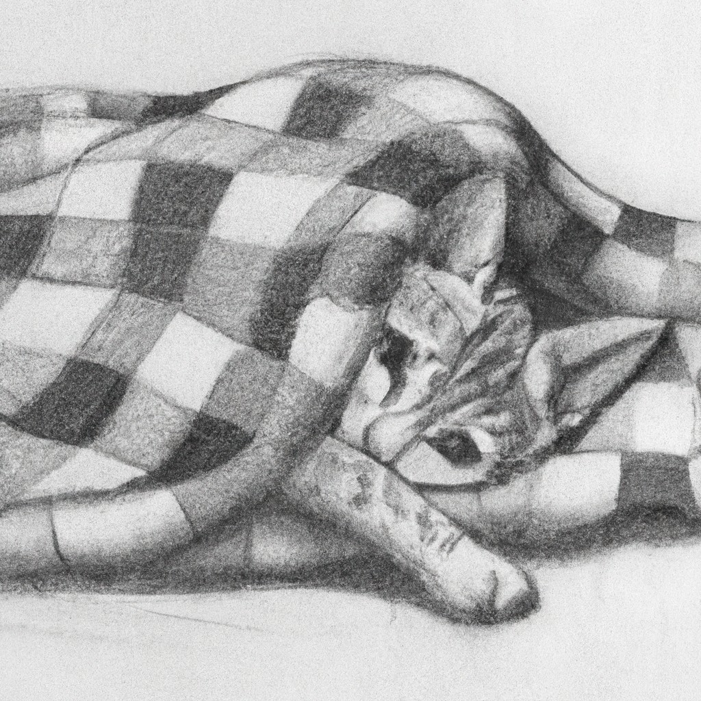 Kitten cuddling with a blanket.