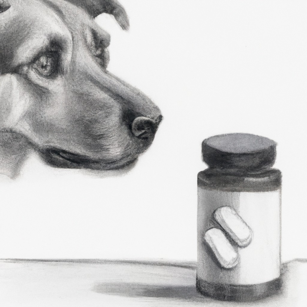 dog looking curiously at a pill bottle