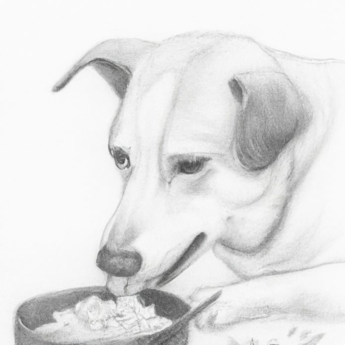 Dog enjoying a meal of boiled rice and a healthy ingredient.