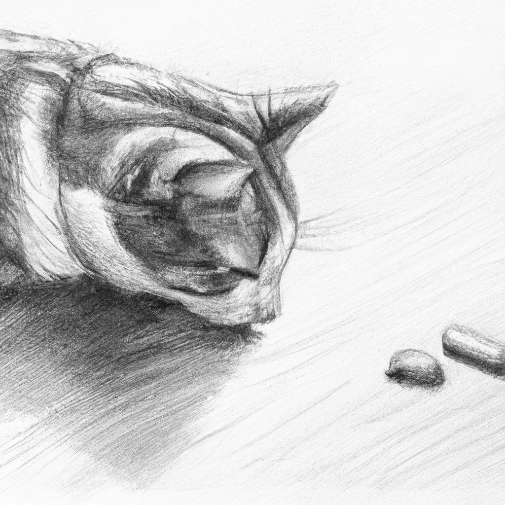 Cat curiously investigating a pill on the floor.