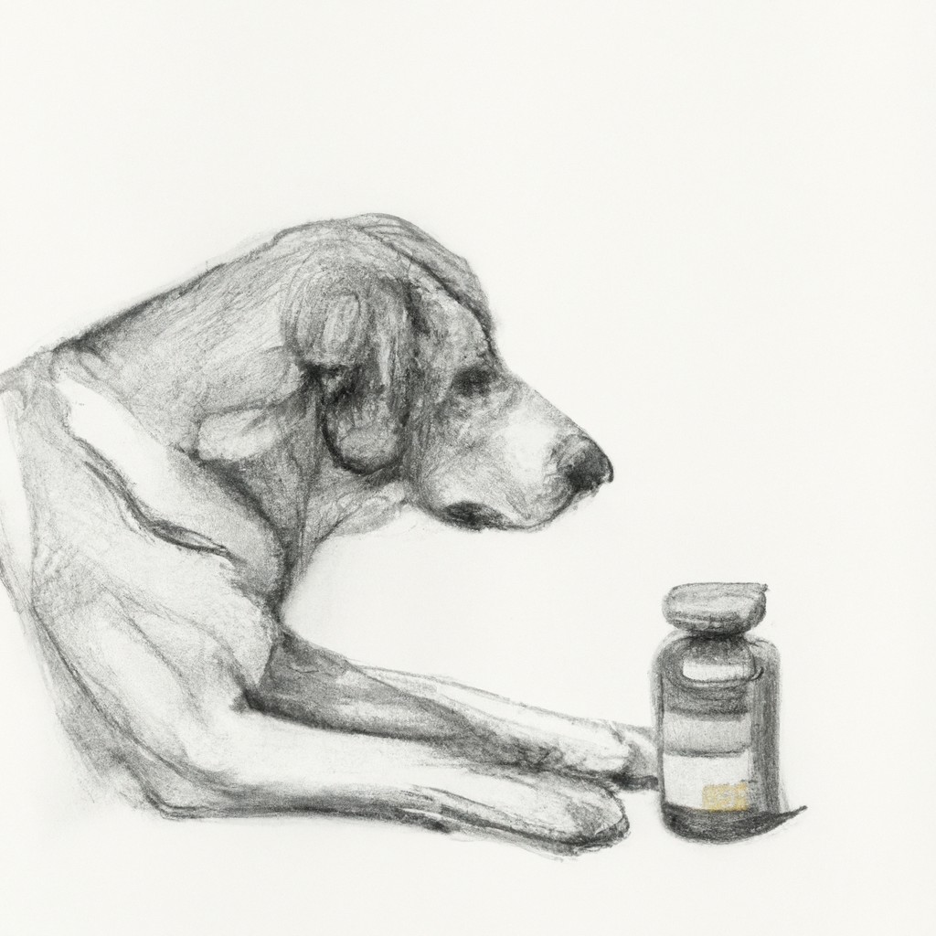 Dog examining a medicine bottle.