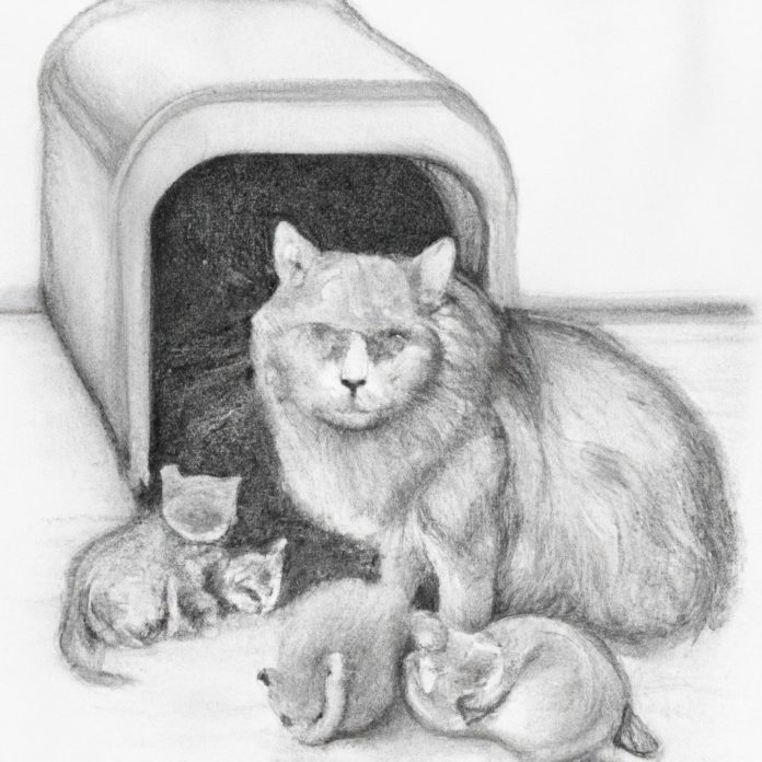 Mother cat and kittens near a litter box.