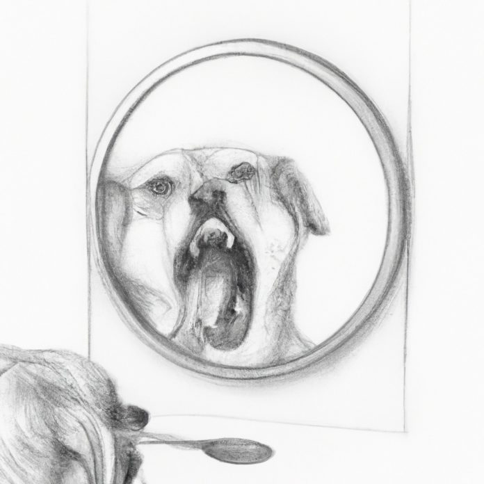 Dog examining its teeth in a mirror.
