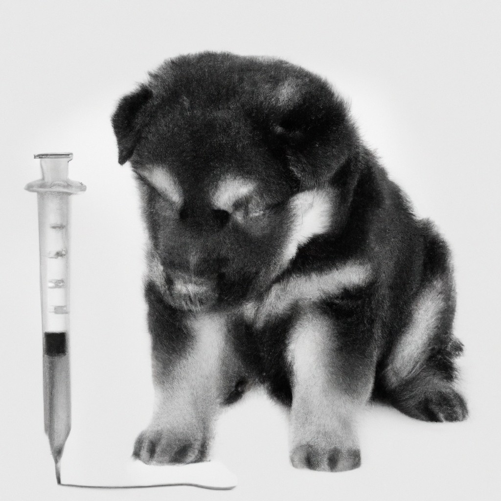 puppy examining a vaccine syringe with curiosity