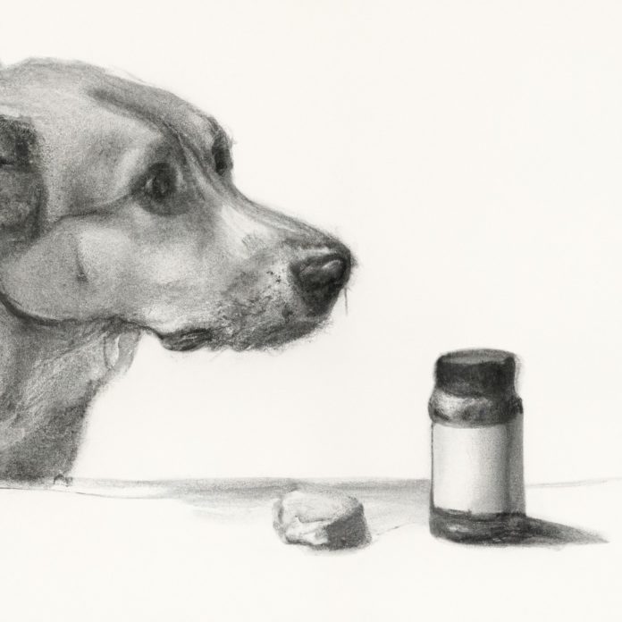 Dog looking curiously at an open pill bottle.