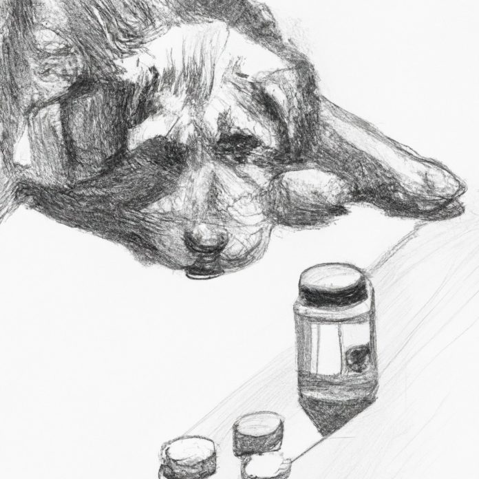 worried dog with a pill bottle nearby