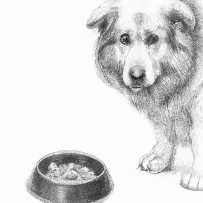 concerned dog with a bowl of food untouched