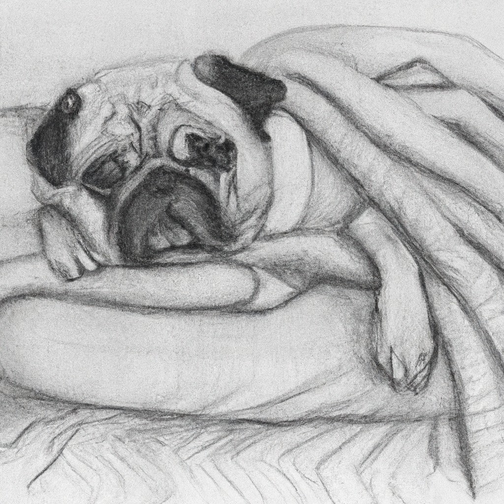 Pug resting on a cozy blanket with a worried expression.