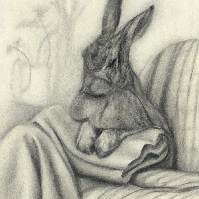 A concerned rabbit in a comfortable setting.